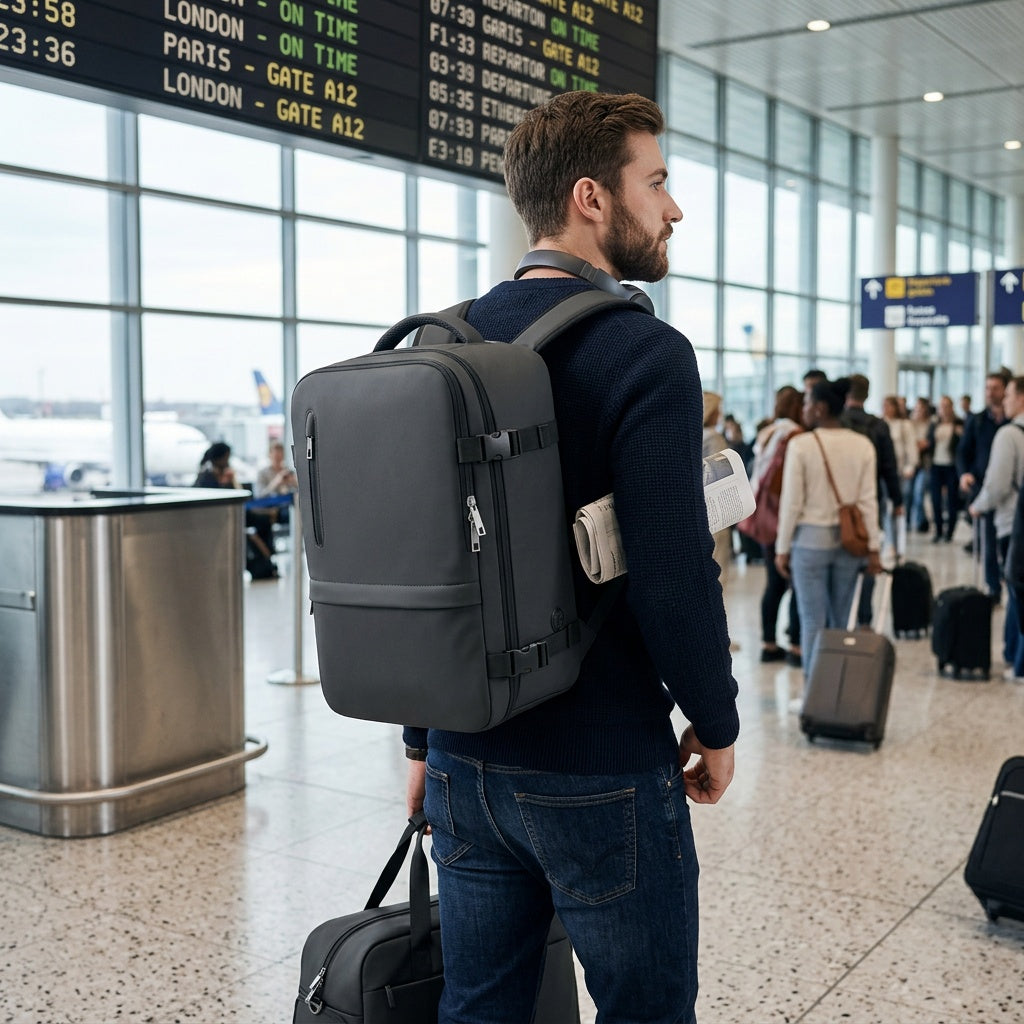 Cabin Bag 45x36x20 Travel Backpack worn by a passenger in an airport terminal