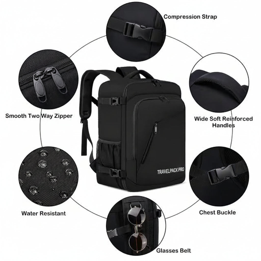 Cabin Luggage Travel Backpack 24L with USB Charging Port - Labeled highlights and key features of travel pack