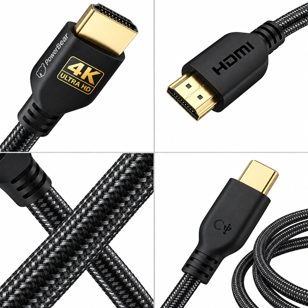 A 4-panel close-up collage of a black braided HDMI cable, showing both male and female connector ends with gold-plated contacts, the HDMI logo, a 4K Ultra HD badge, and the cable texture on a white background.