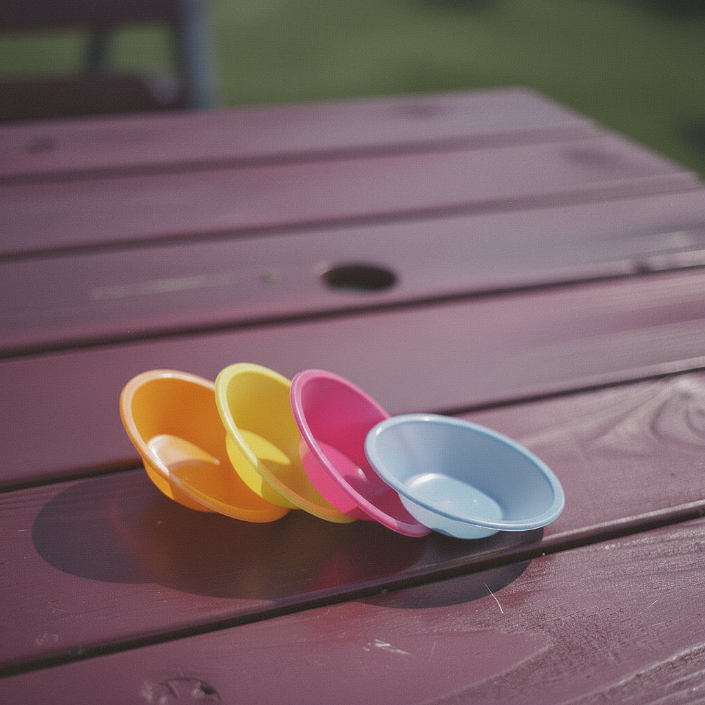 Marko 18cm Picnic Bowls (4 Pack) - Vibrant colorful reusable plastic bowls on a wooden outdoor table