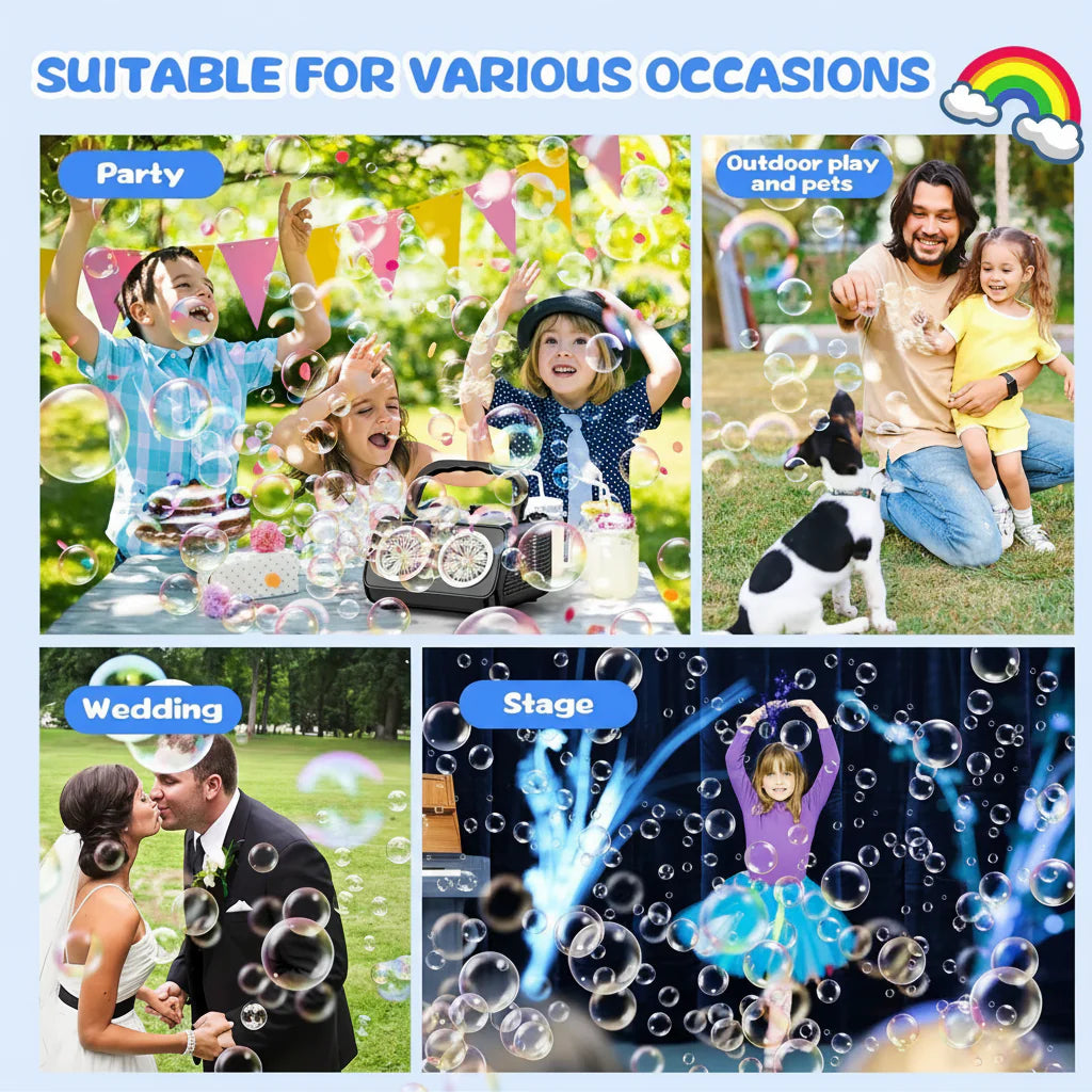 Lifestyle usage collage of the Portable Dual-Fan Bubble Machine