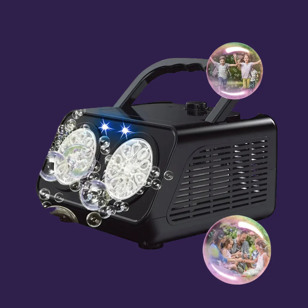 Portable Dual-Fan Bubble Machine featuring blue LED-backlit wands