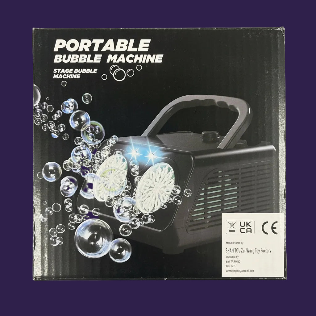 Retail packaging box for the Portable Dual-Fan Bubble Machine