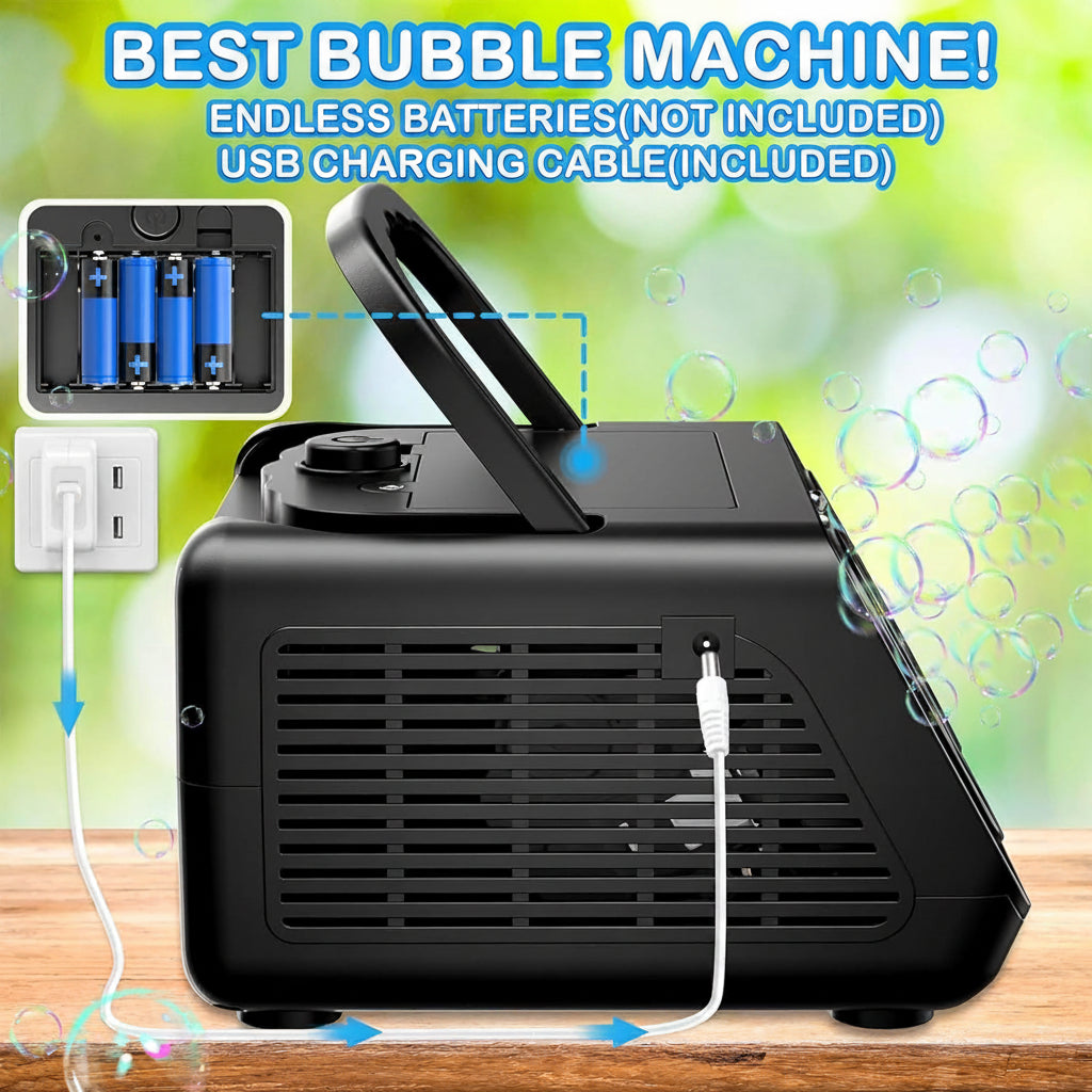 Portable Dual-Fan Bubble Machine showing USB power cable connection