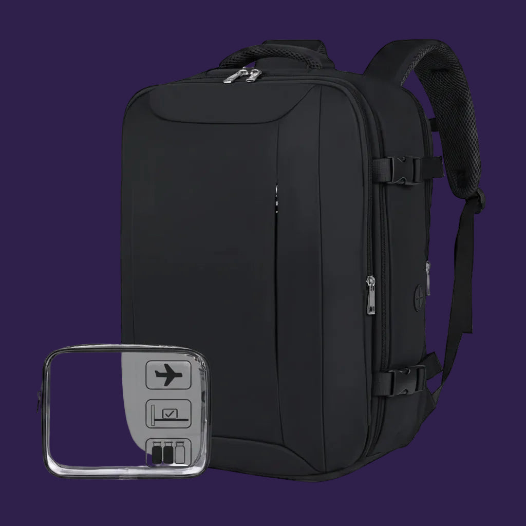 Cabin Bag 45x36x20 Travel Backpack in black with clear toiletry pouch accessory
