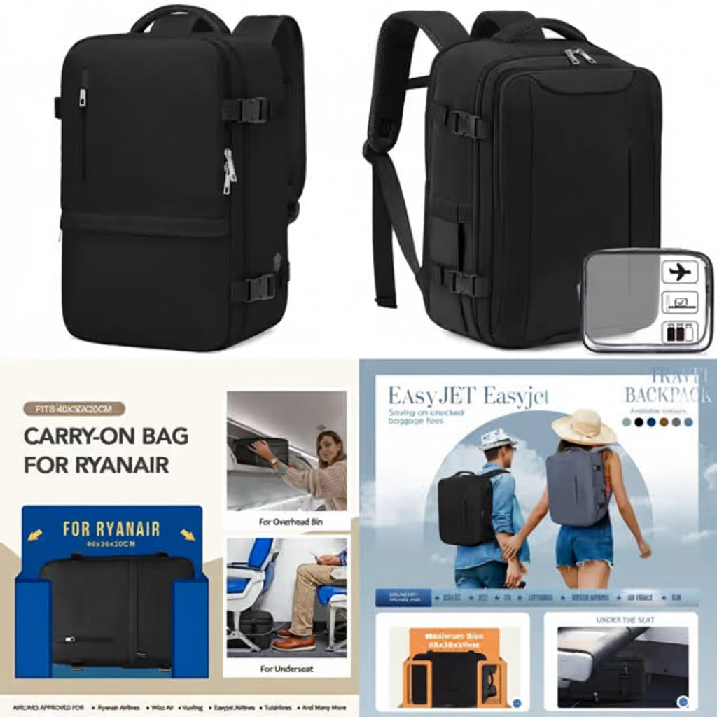 Cabin Bag 45x36x20 Travel Backpack showcasing airline size compatibility and lifestyle features