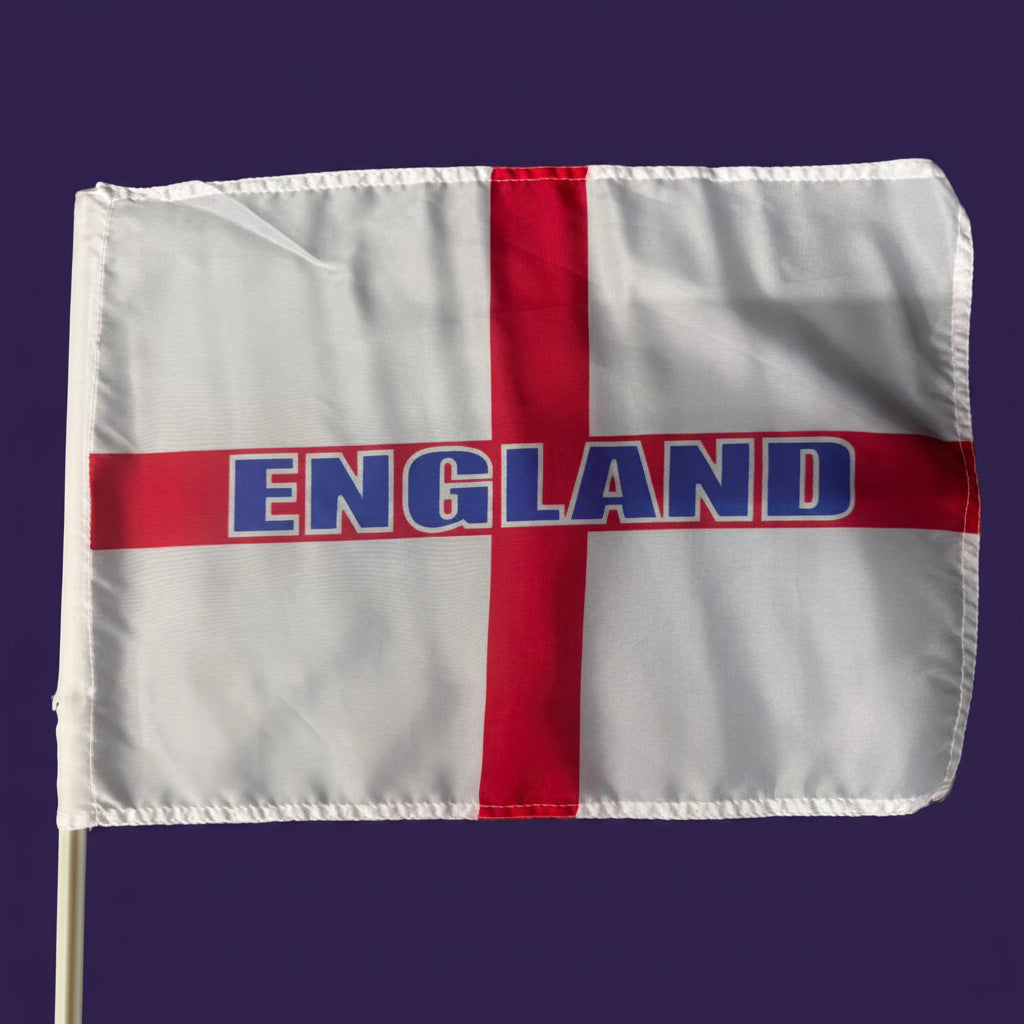 Flag with a red cross and 'ENGLAND' text on a white background