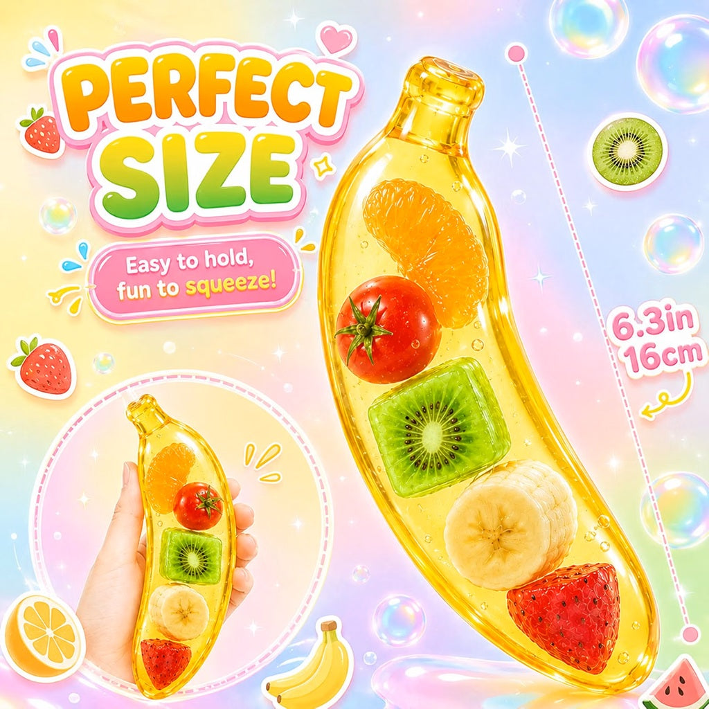 Clear Squishy Banana sensory fidget toy with floating fruit pieces