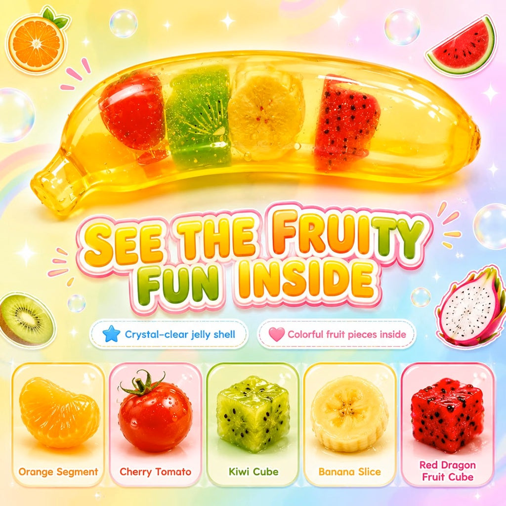 Clear Squishy Banana transparent jelly toy with colourful fruit charms