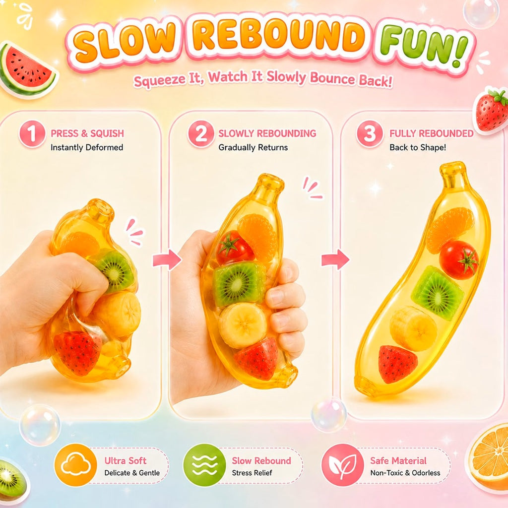Clear Squishy Banana slow-rebound sensory squeeze toy demonstration