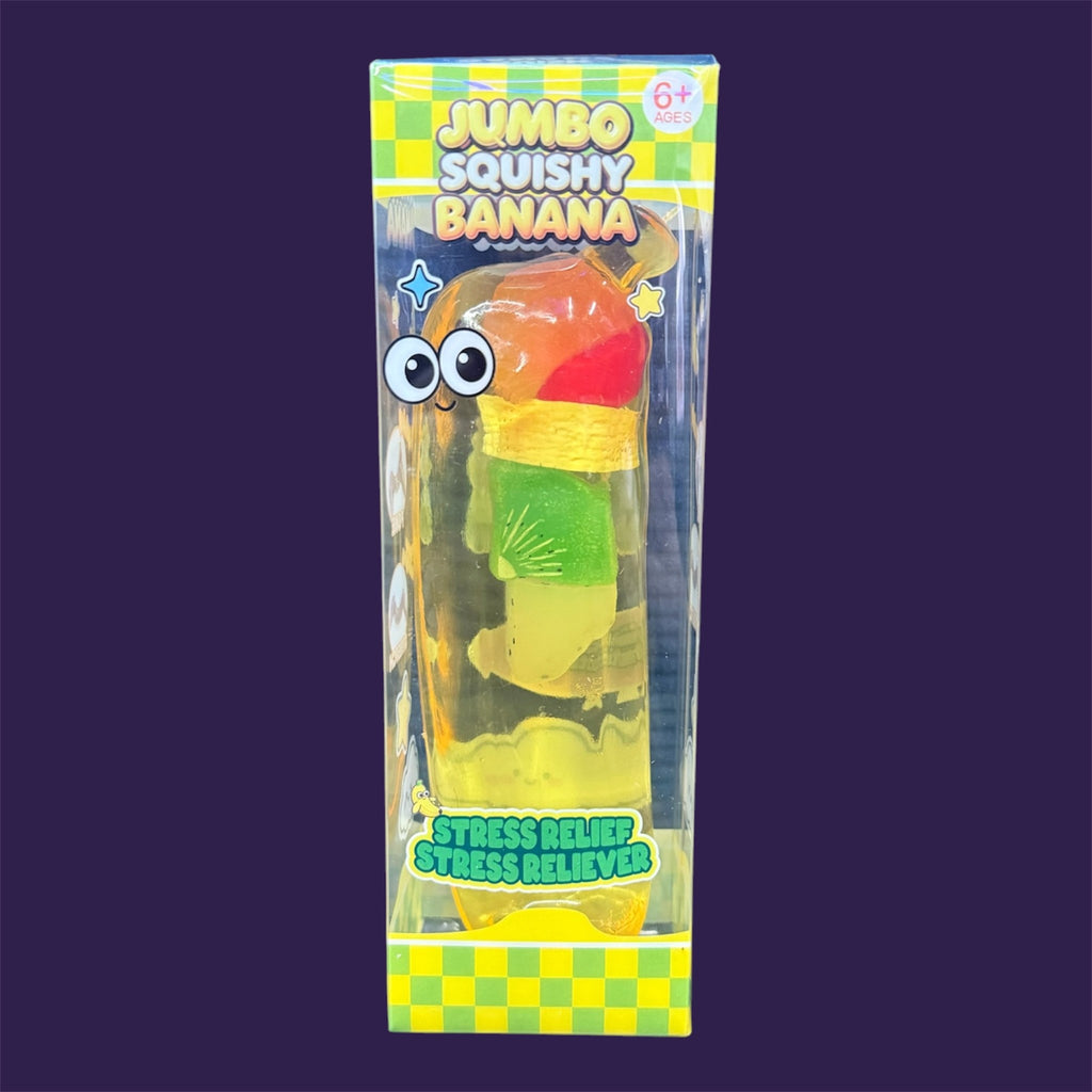 Clear Squishy Banana jumbo stress relief toy in packaging