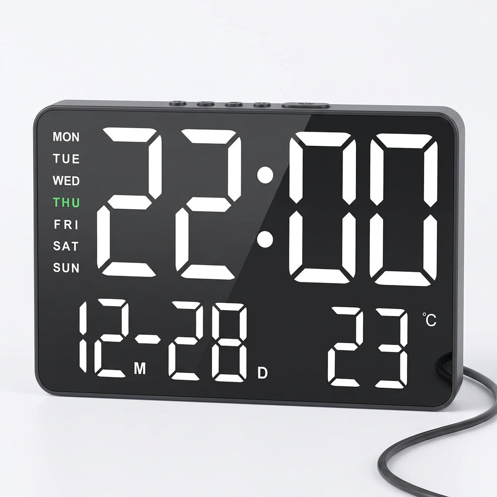 Digital Alarm Clock front view with white LED display