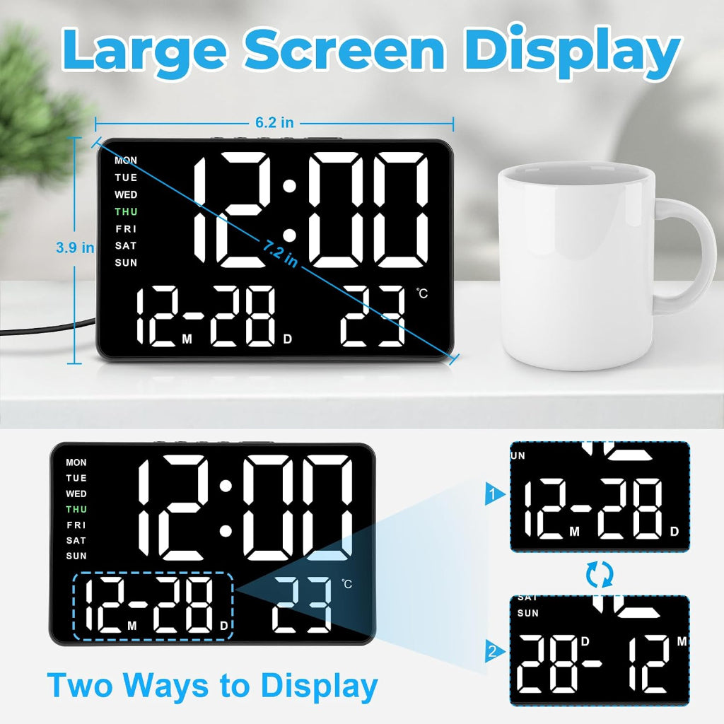 Digital Alarm Clock 7.2 inch display dimensions and features