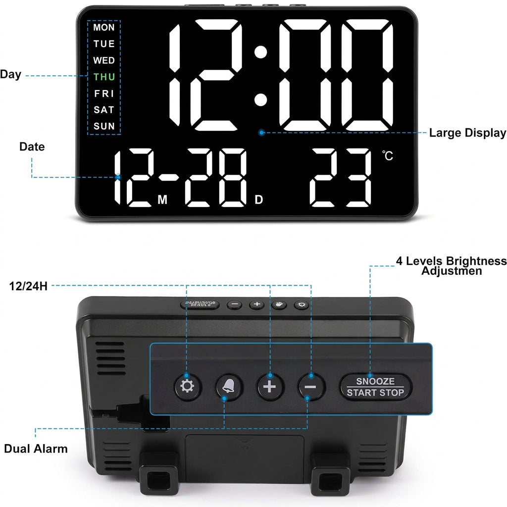Digital Alarm Clock top controls and rear speaker layout