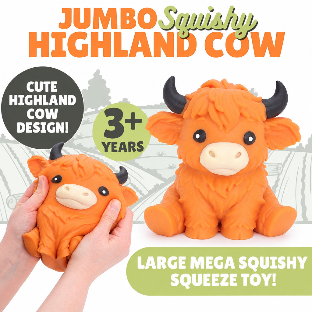 Jumbo Highland Cow Squishy product overview suitable for ages 3+