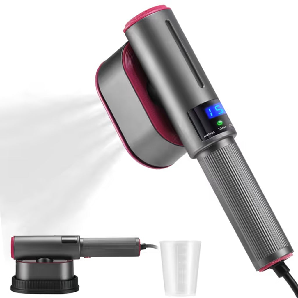 Portable garment steamer with digital LED display and measuring cup