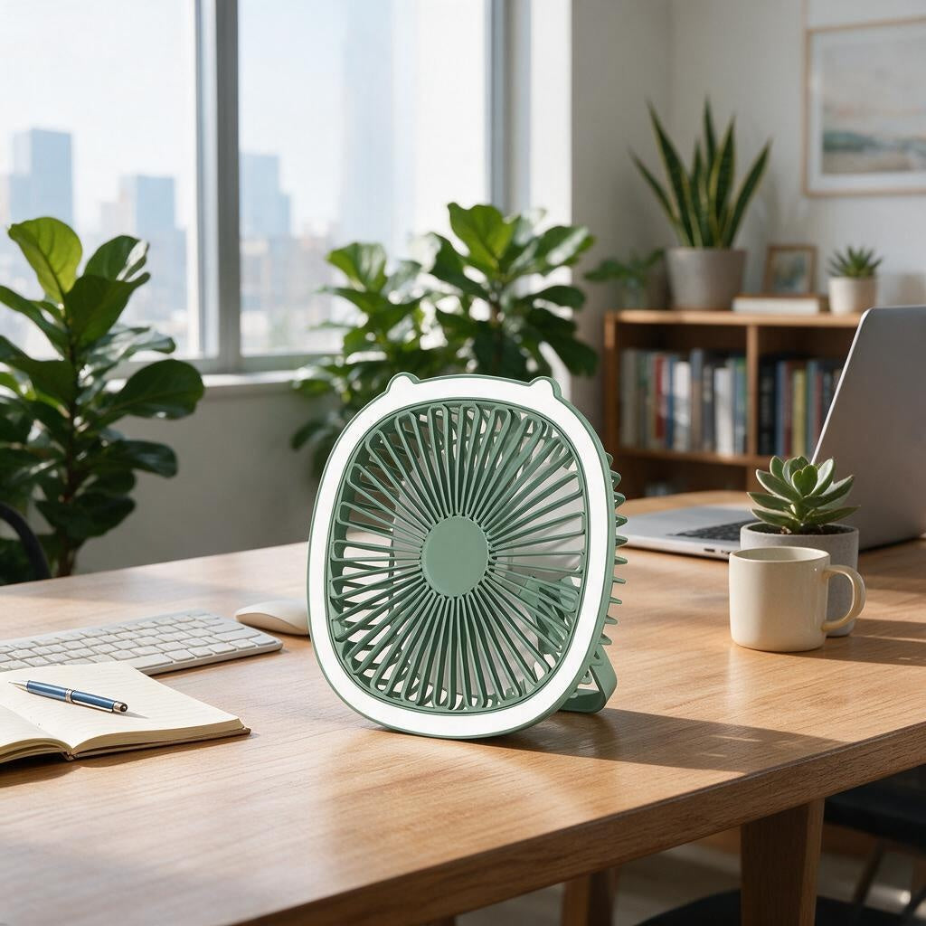 Portable Mini Fan with Night Light on office desk