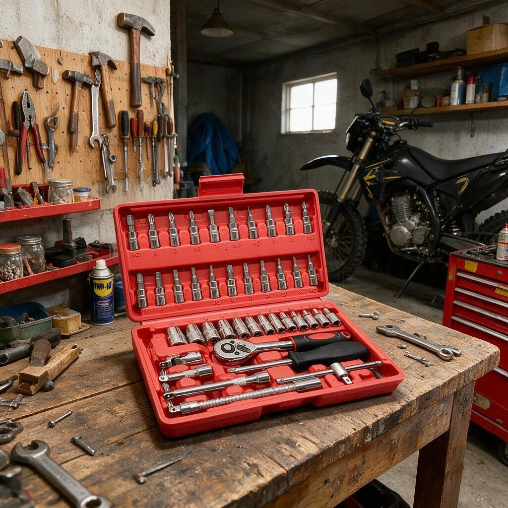 A red socket wrench set in an open plastic case sits on a wooden workbench in a garage workshop. Wrenches hang on a pegboard, a motorcycle is parked in the background, and other tools are scattered around the workbench.