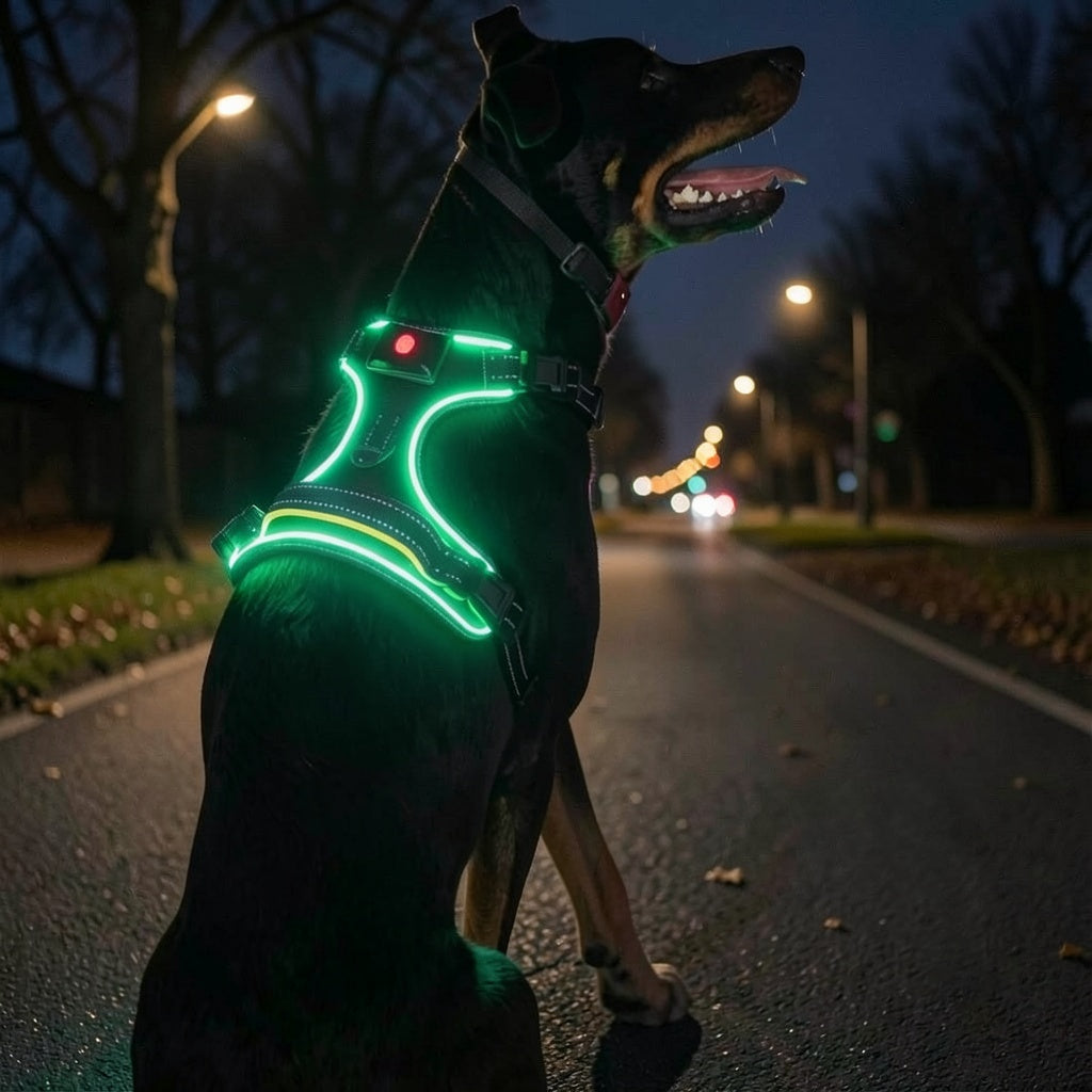 Neon green glowing LED Dog Harness on a dog walking at night