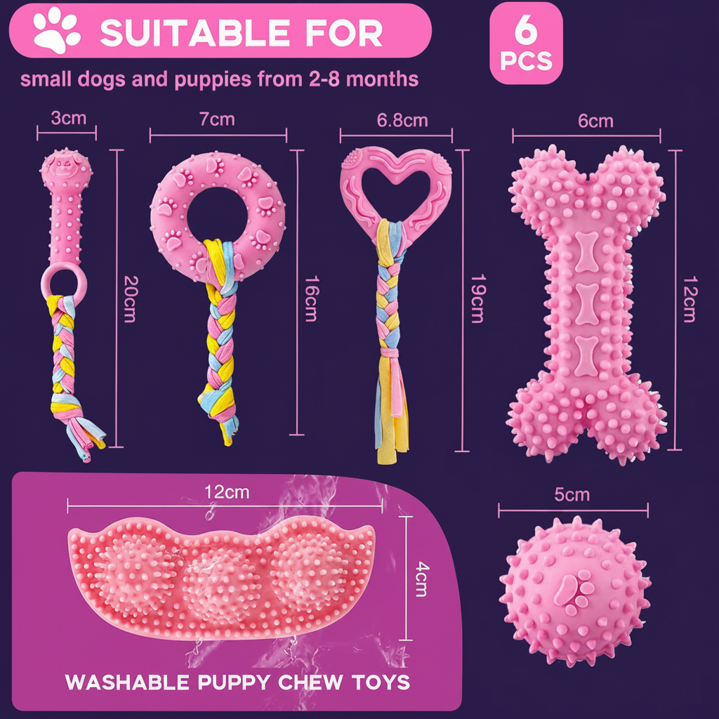 Puppy Chew Toys 6pcs - Pink teething toys with dimensions