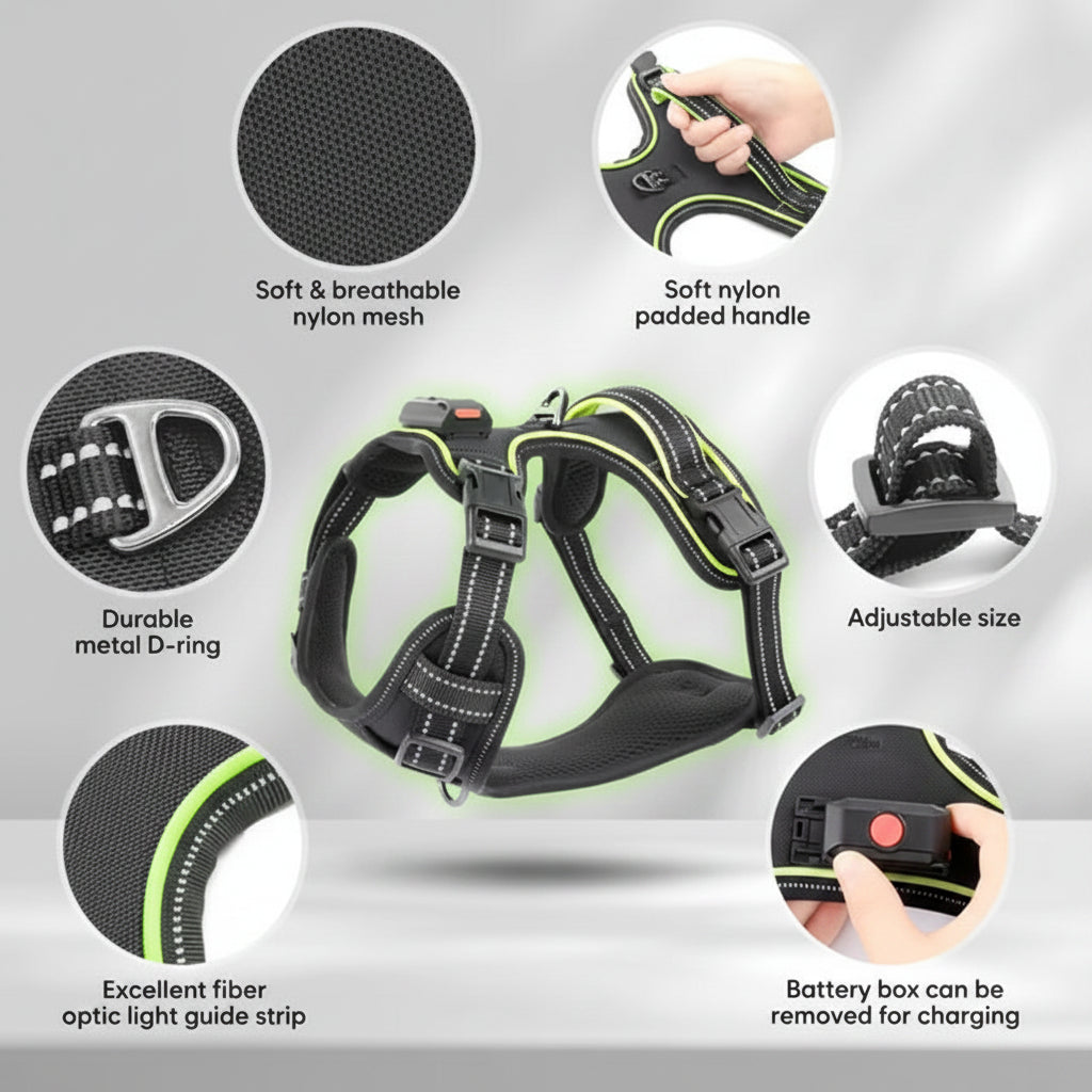 Infographic displaying features of the rechargeable fiber-optic dog harness