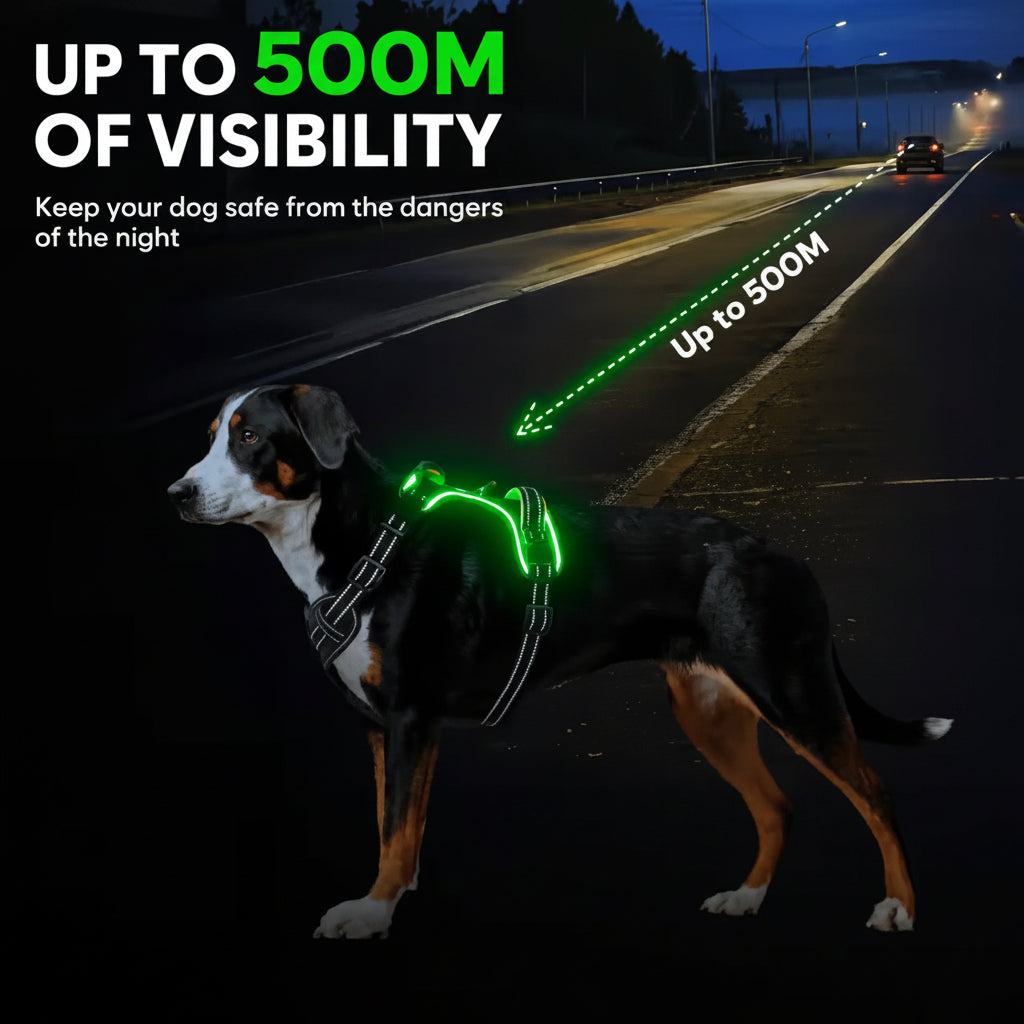 Side profile of a dog wearing the high-visibility LED dog harness