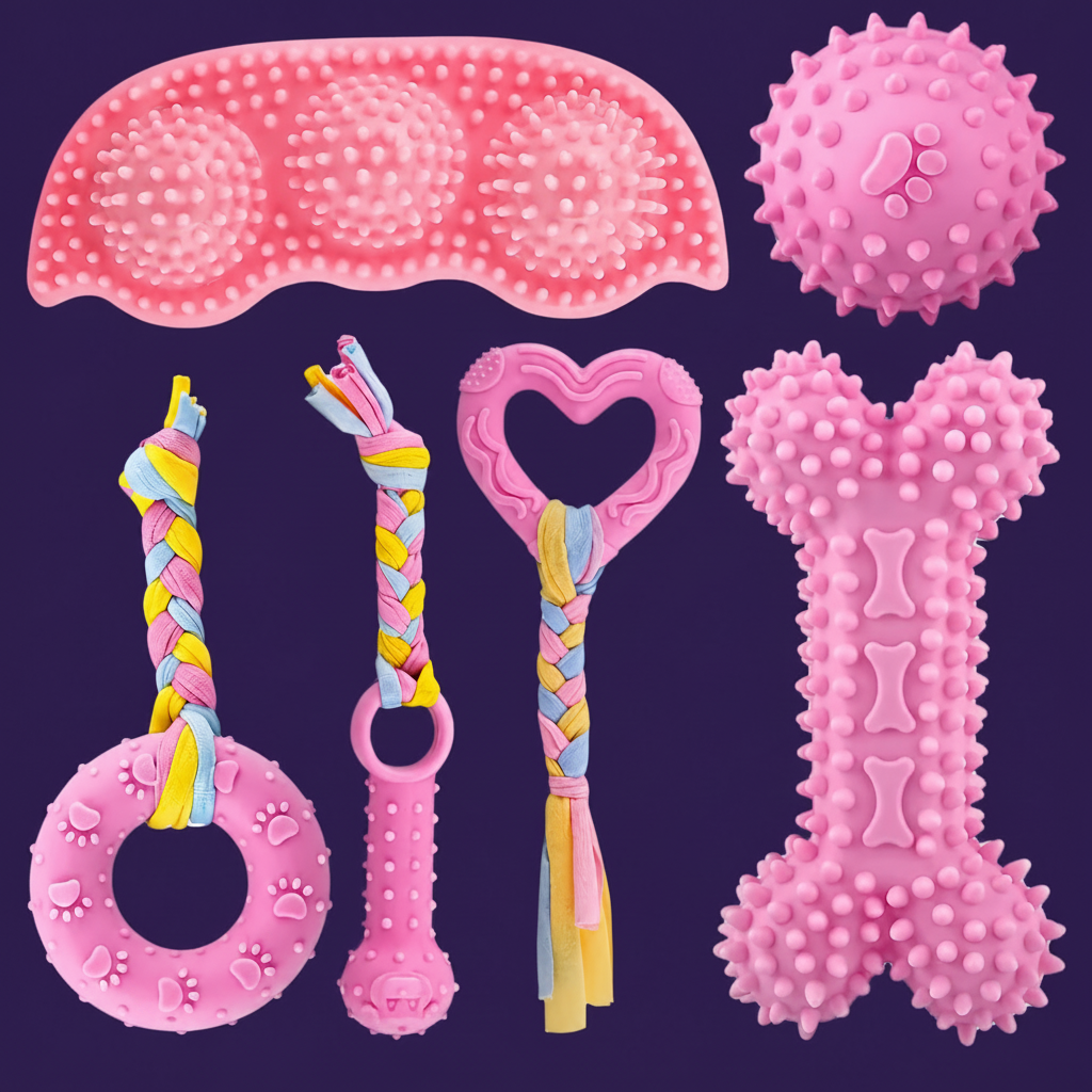 Puppy Chew Toys 6pcs - Flatlay pink rubber chew toys set