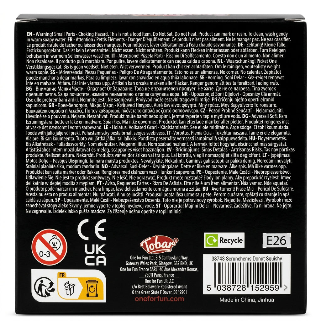 Scrunchems Squishy Donut packaging back panel with safety warnings and barcode
