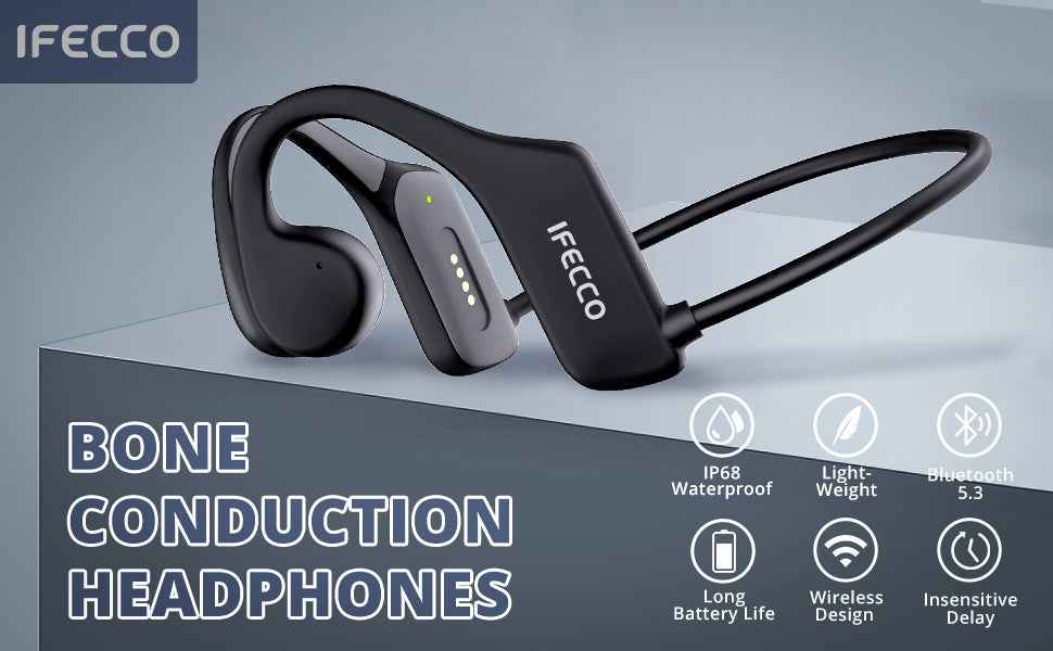 Ifecco Bone X5 bone conduction swim headphones with custom feature icons on a grey background