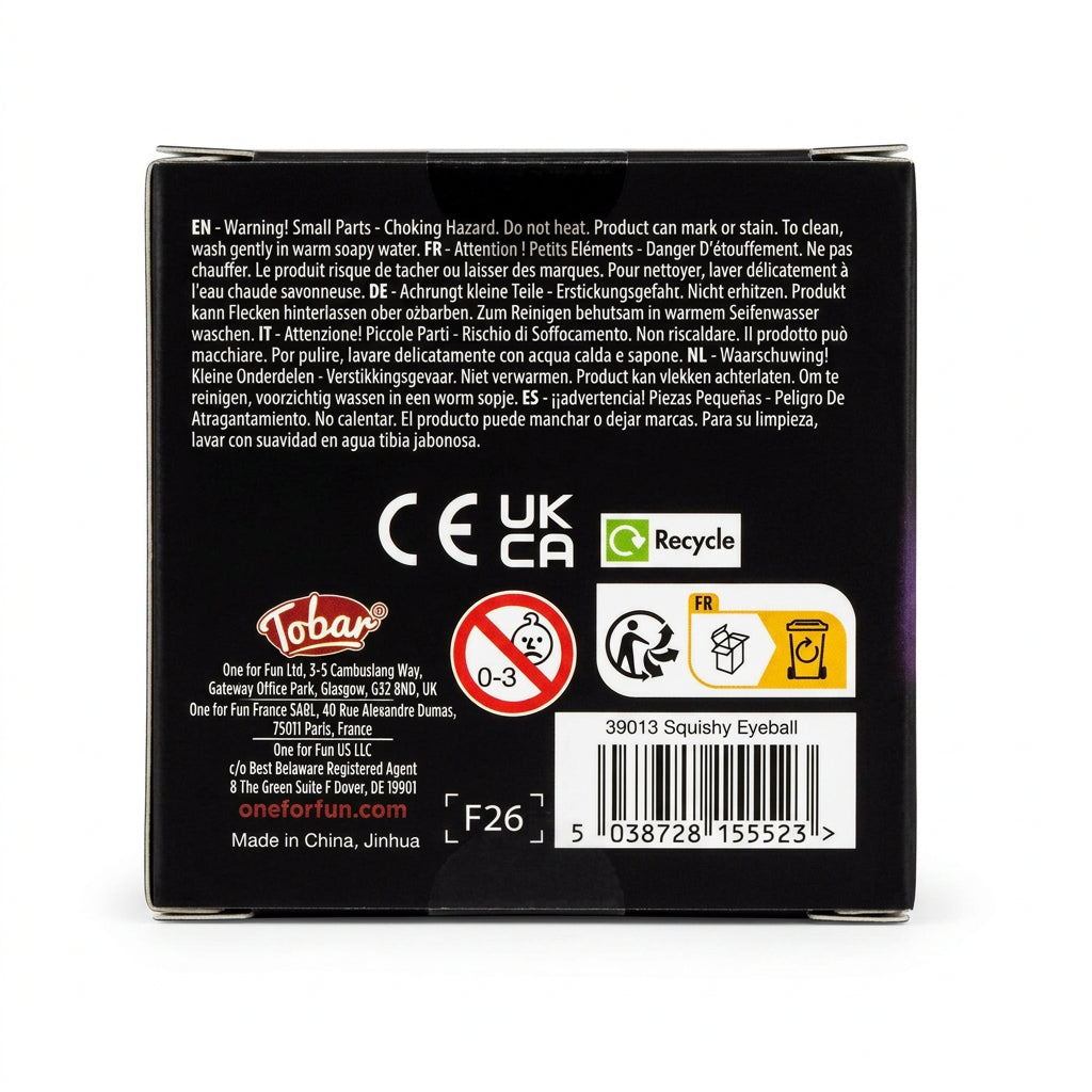 Scrunchems squishy eyeball toy packaging safety warnings and barcode