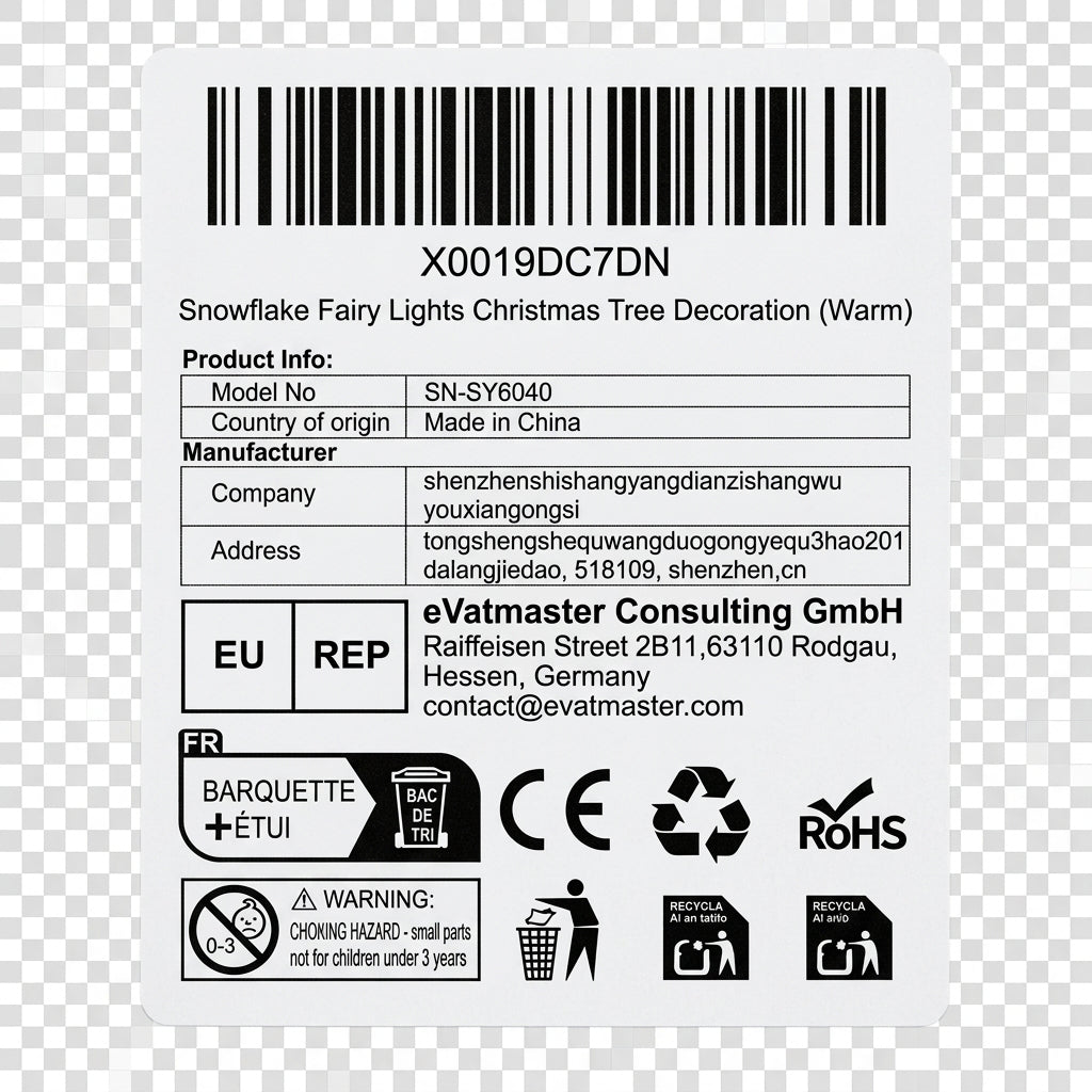 Snowflake fairy lights product specifications and CE RoHS compliance label
