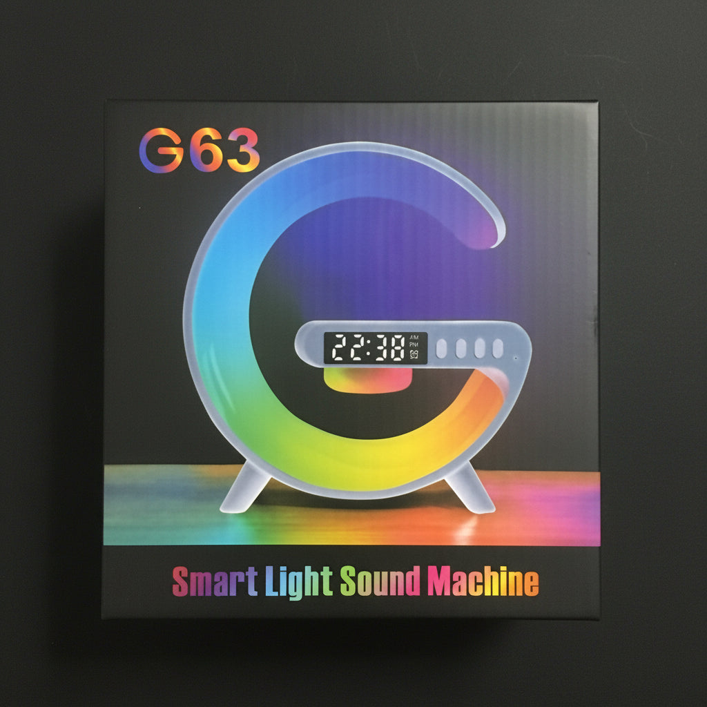 G63 Smart Light Sound Machine product packaging showcasing RGB G-shaped design