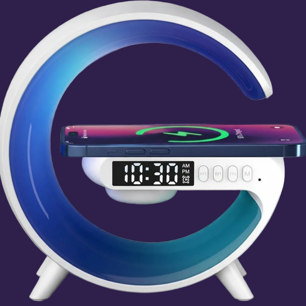 Colorful crescent moon-shaped night light with digital clock and phone charging pad on a white background
