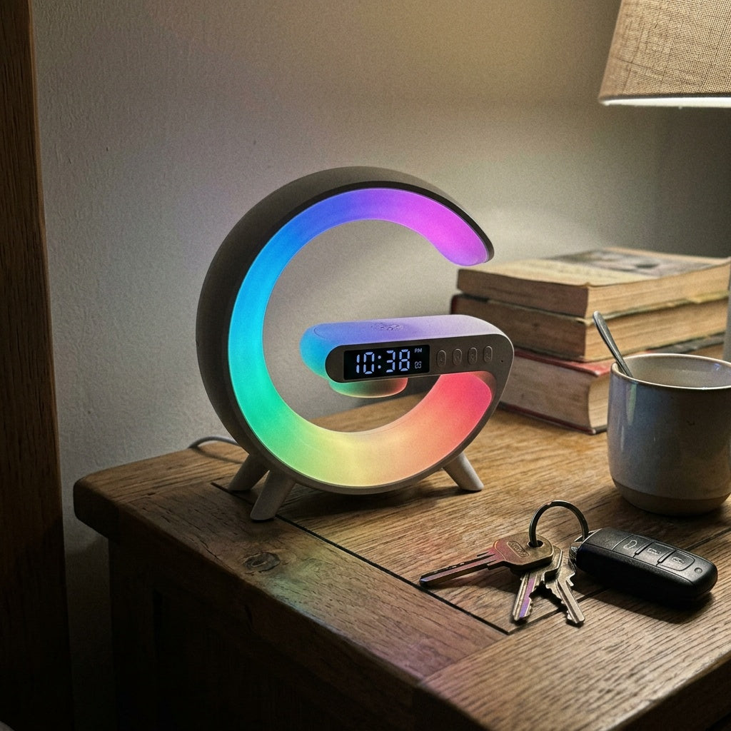 G63 Smart Light Sound Machine alarm clock with multicolor lighting on a nightstand