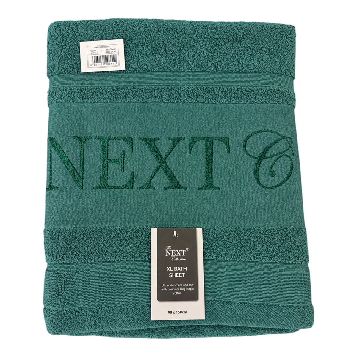 A folded dark teal green bath sheet from The Next Collection, featuring the brand name 'NEXT' embroidered across the front and a white product tag near the bottom.