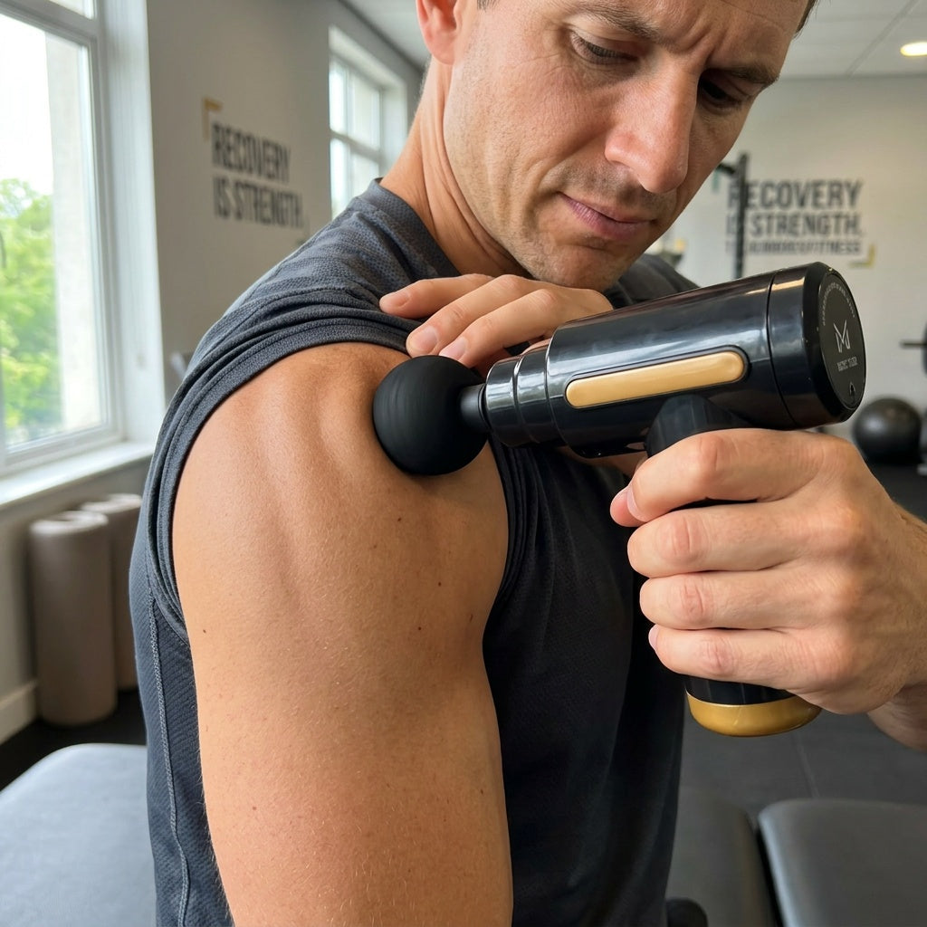 MG-01 Deep Tissue Percussion Massage Gun being applied to a shoulder during gym recovery