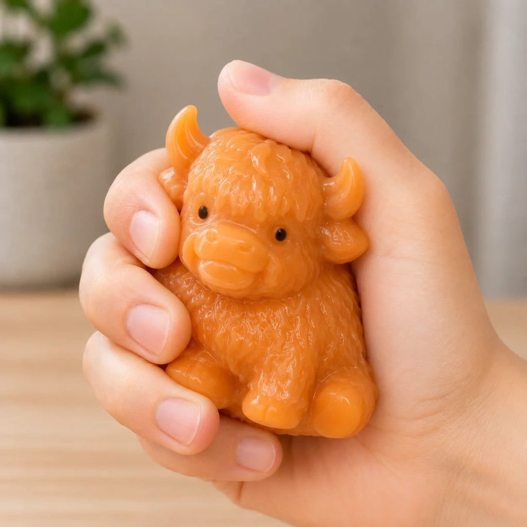 Highland Cow Squishy toy being squeezed in hand