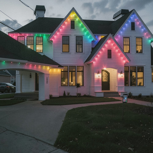 House exterior with colorful string lights during evening.