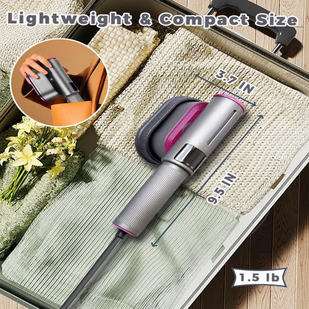 Travel garment steamer packed neatly inside luggage and handbag