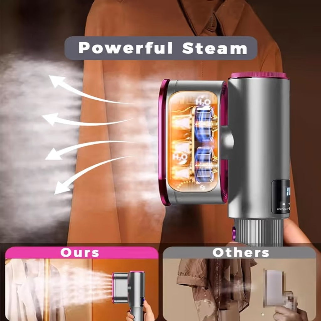 Handheld travel steamer showing powerful steam output and heating chamber