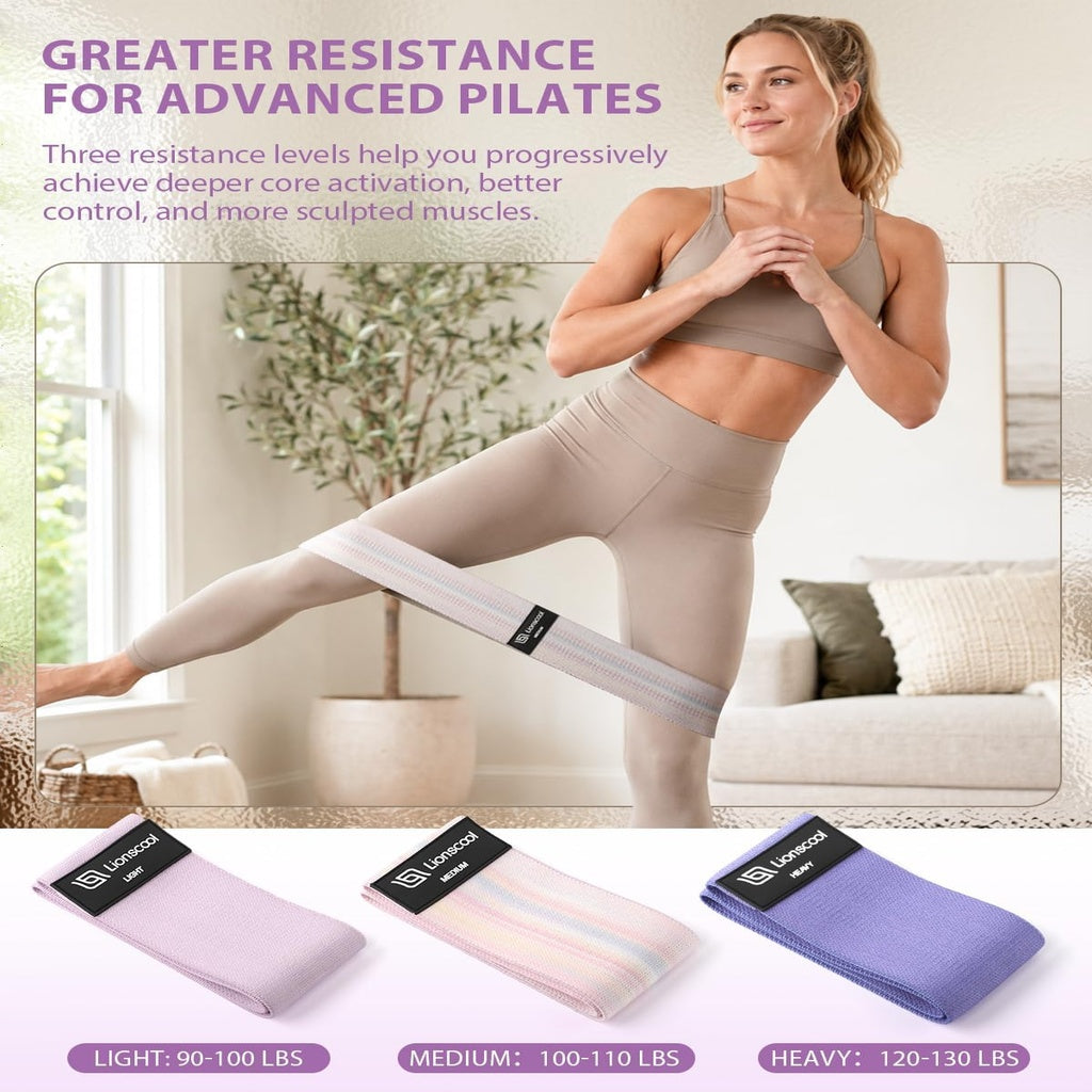 Pilates Ring Set - Tri-color fabric workout bands flat lay and exercise insets