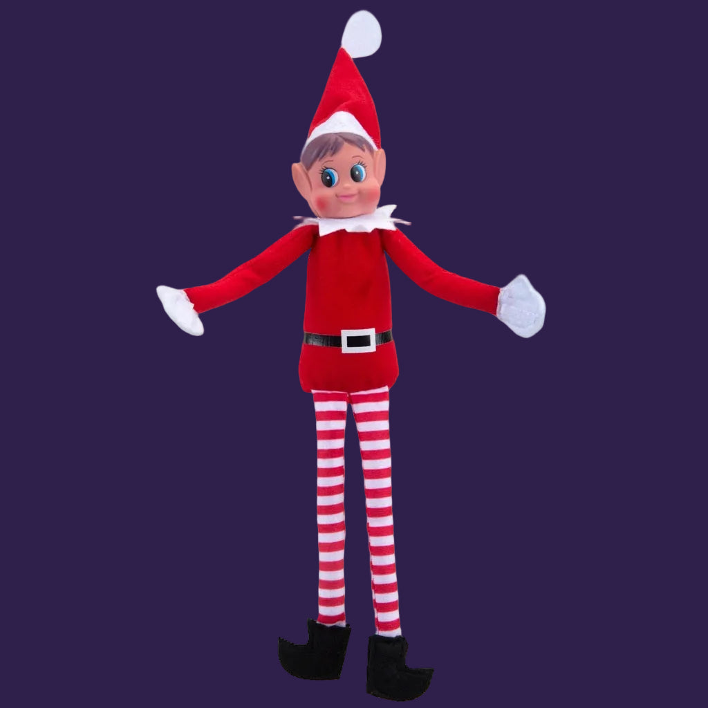 Vinyl face Naughty Elf Girl 12 inch poseable plush Christmas elf doll front view