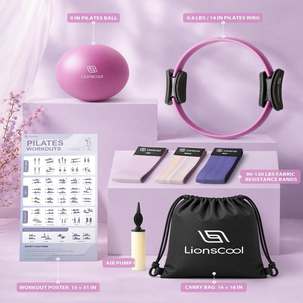 Pilates Ring Set - Complete kit overview on lavender pedestals