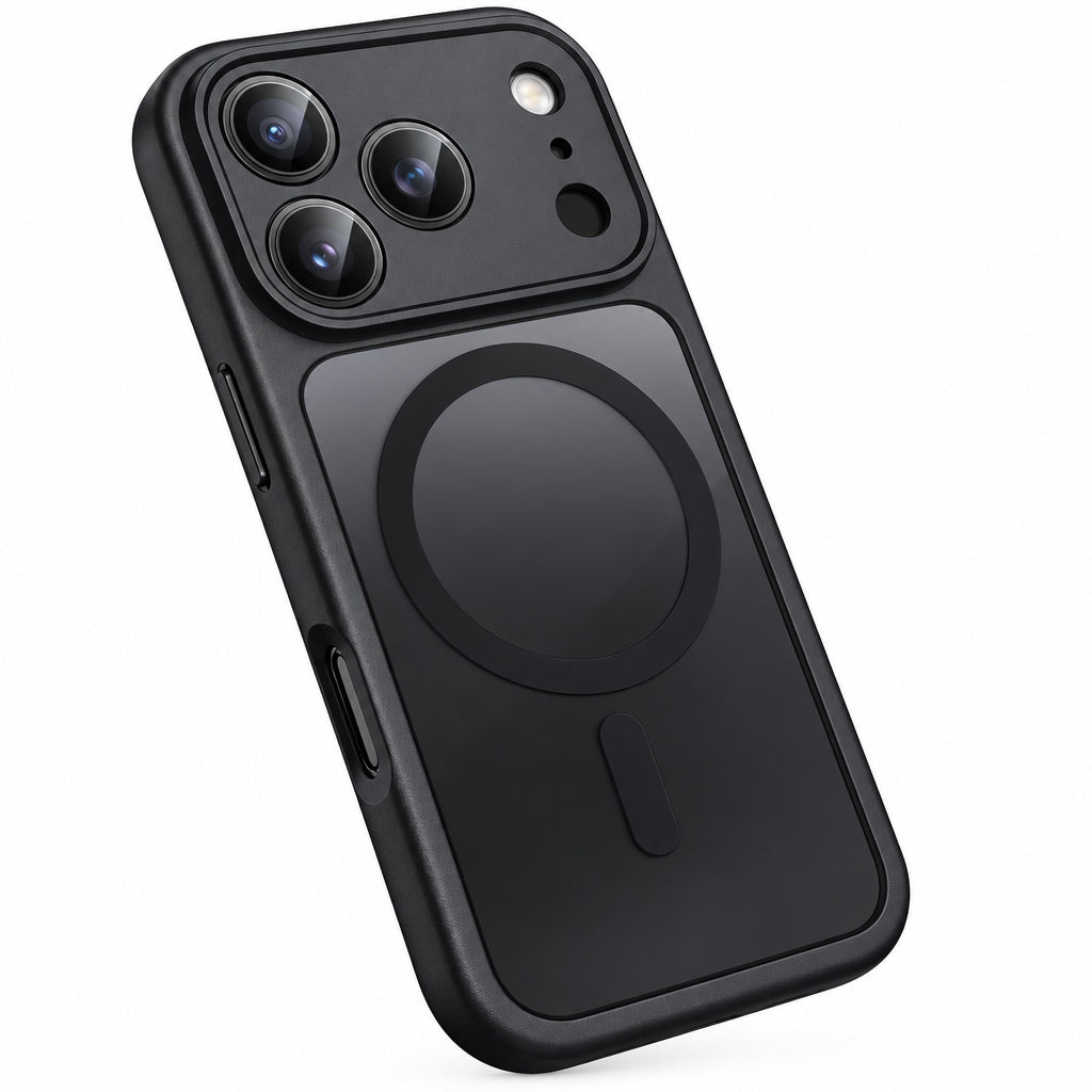 A black protective phone case with a raised MagSafe ring on the back, shown fitted on a smartphone with a triple-camera system, against a plain white background.