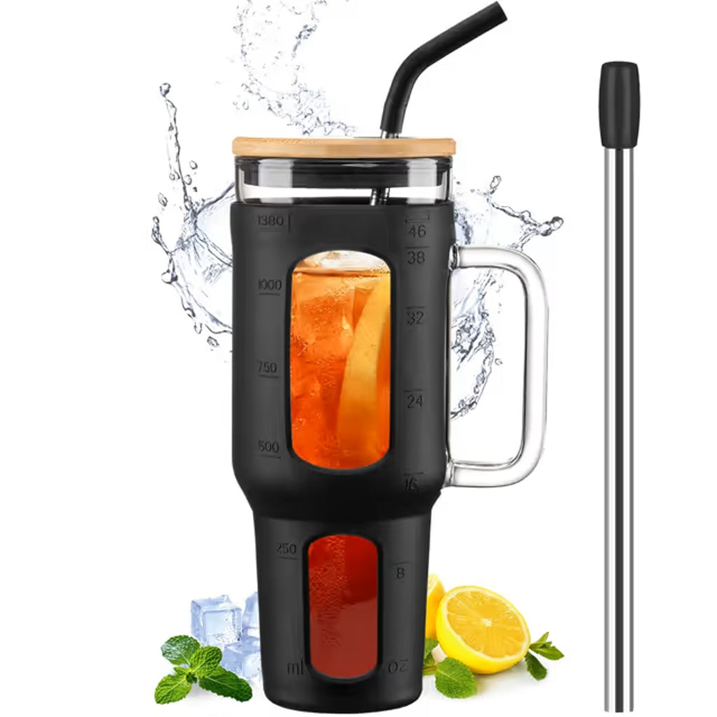BLUEGO 1400ml Glass Tumbler with Handle - Black Silicone Sleeve