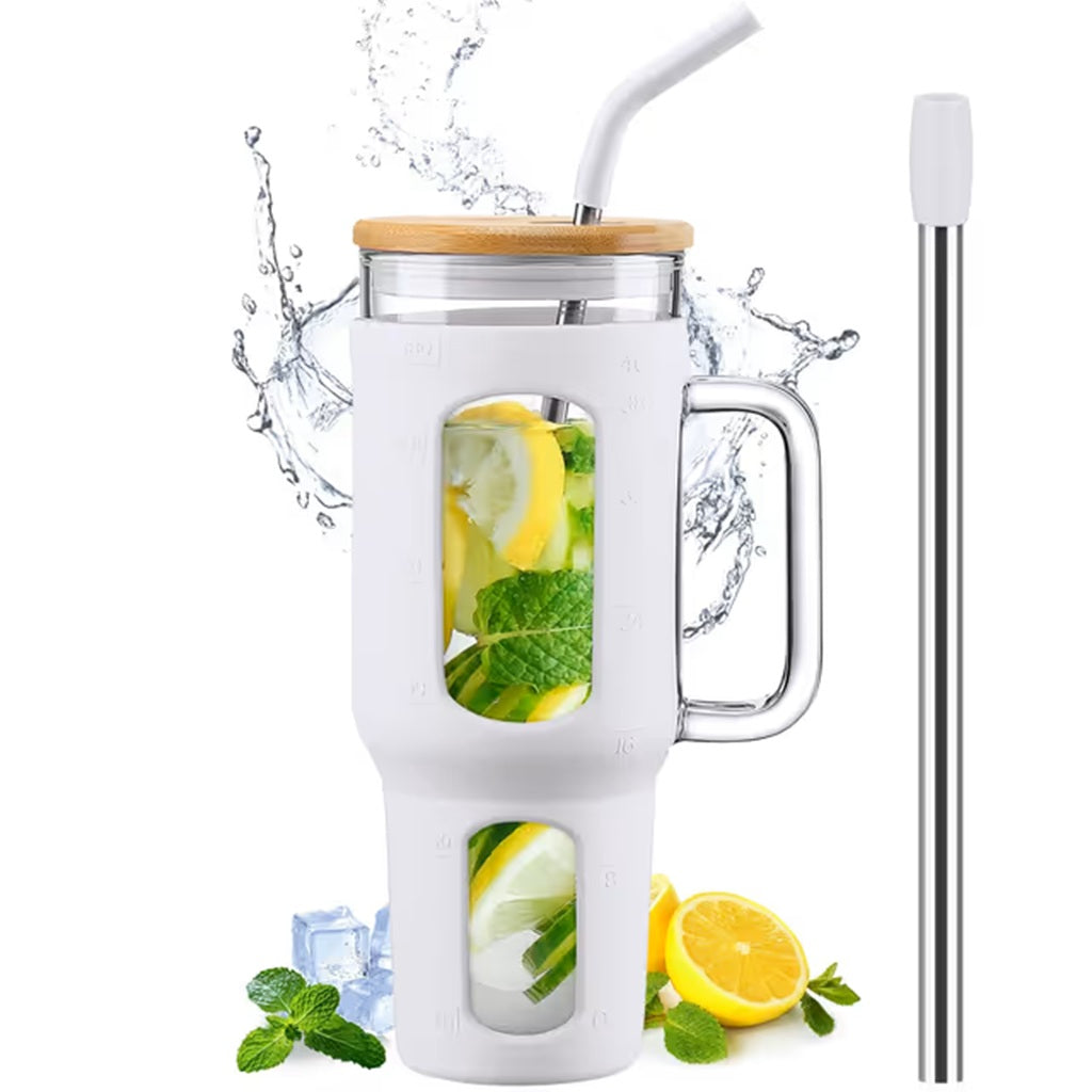 BLUEGO 1400ml Glass Tumbler with Handle - White Silicone Sleeve