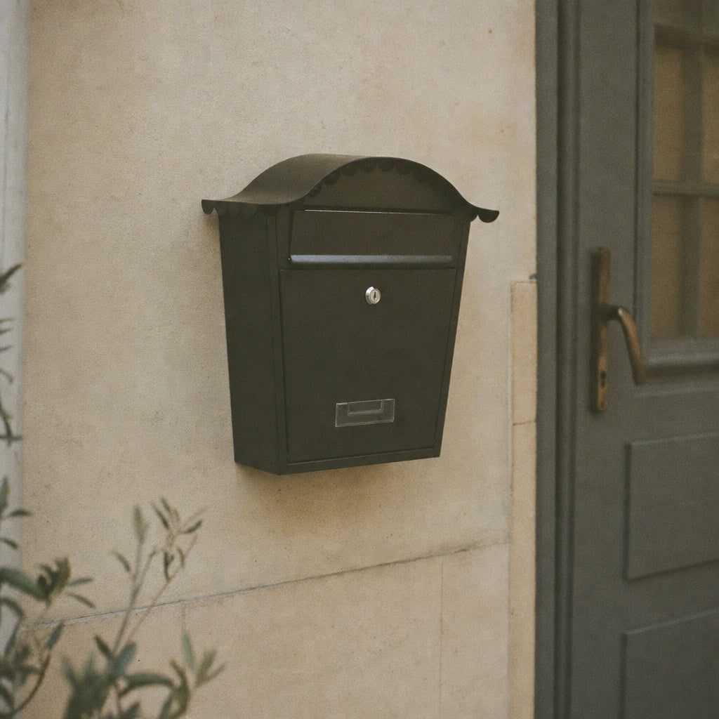 Traditional black wall-mounted post box mounted on a light beige brick wall next to a wooden door