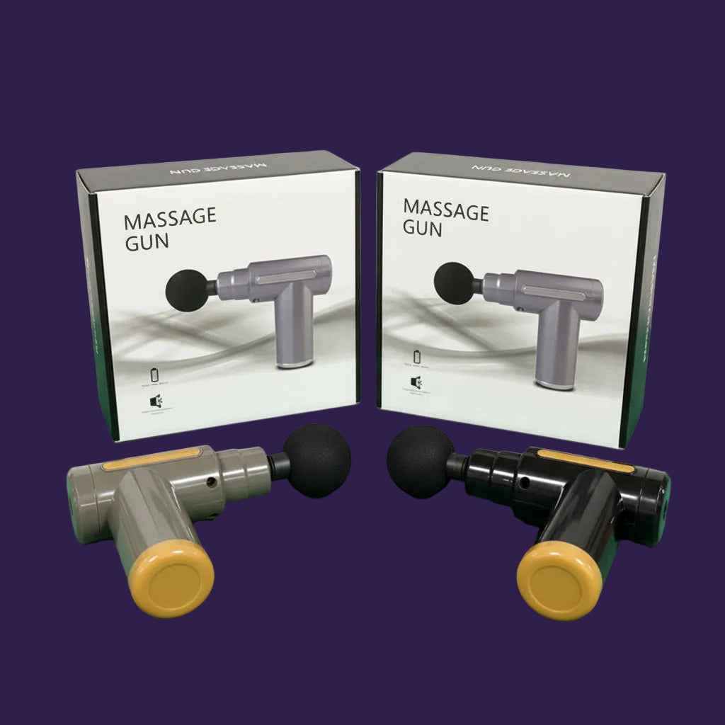 MG-01 Deep Tissue Percussion Massage Guns in olive-grey and glossy black with packaging