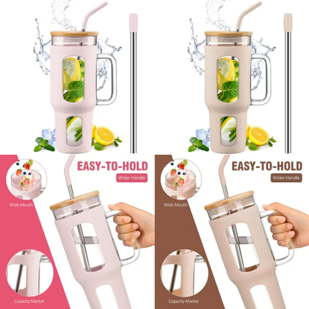 BLUEGO 1400ml Glass Tumbler with Handle and Bamboo Lid