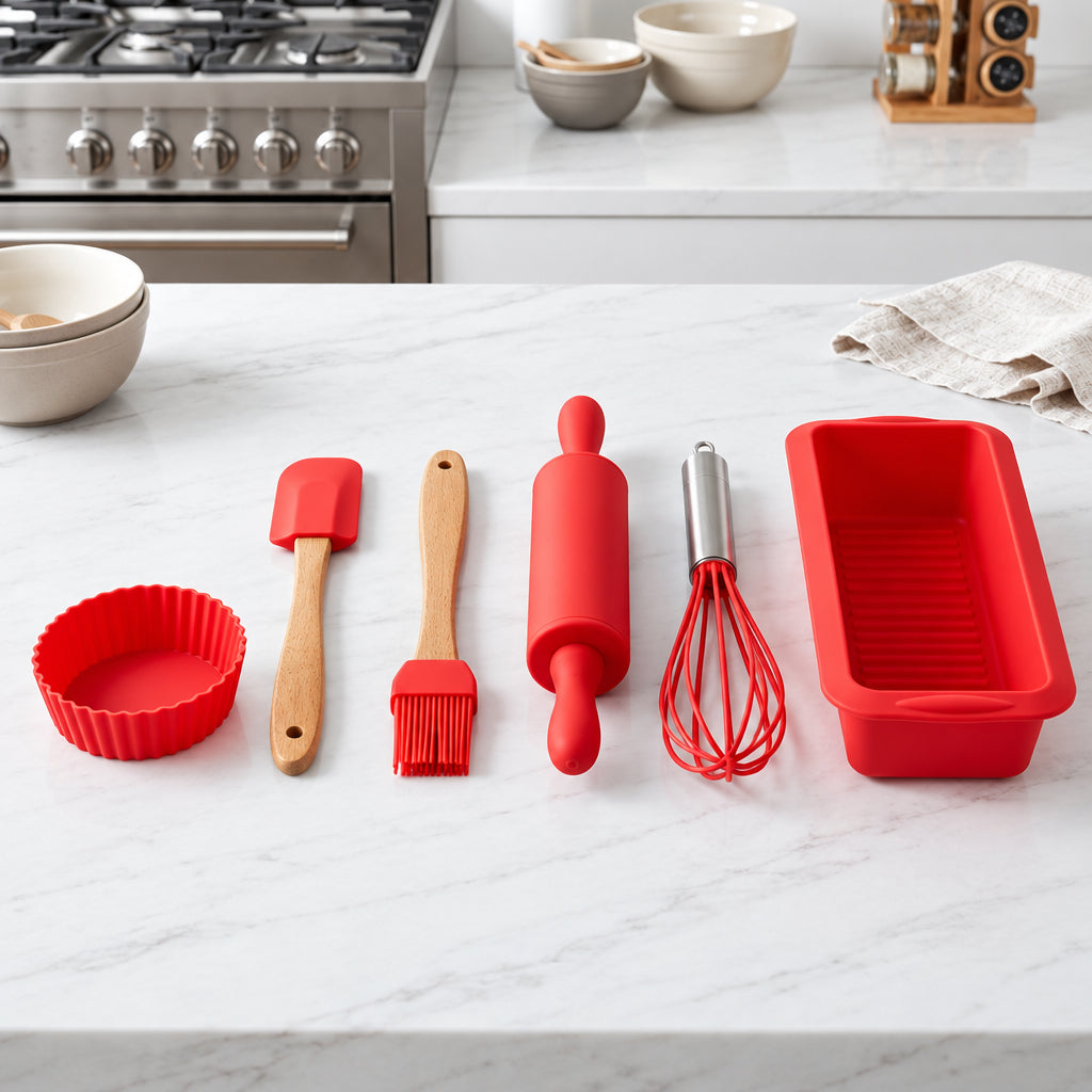12pc Silicone Baking Set - Red 7-piece utensil and loaf pan arrangement on marble countertop